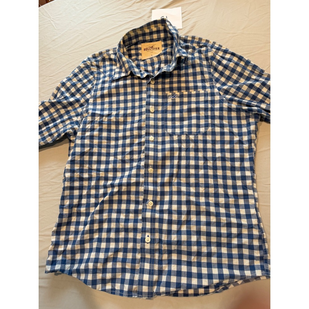 Hollister Mens Blue White Gingham Plaid Long Sleeve Button Down Shirt Large L